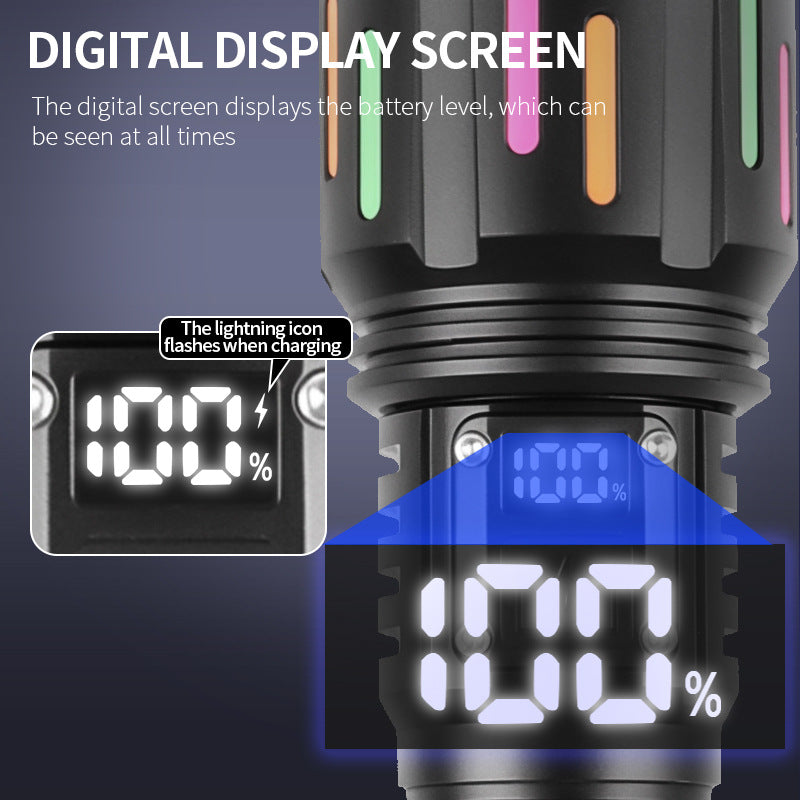 30W High Brightness LED Flashlight with Digital Display & Fluorescent Design - USB Rechargeable, 800-1200M Range(black+One 18650 battery) - Image 4