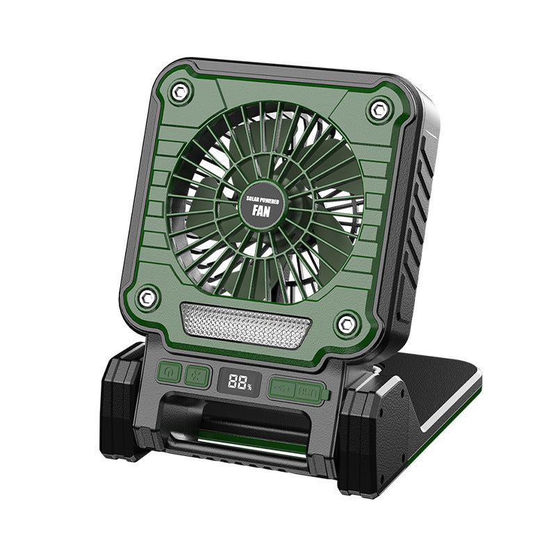 Solar & USB Rechargeable Camping Fan with LED Light - Portable Power Bank, 180°  Collapsible(green)