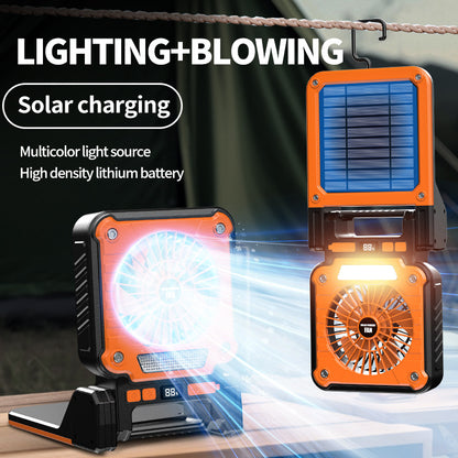Solar & USB Rechargeable Camping Fan with LED Light - Portable Power Bank, 180° Collapsible(Orange) - Image 2