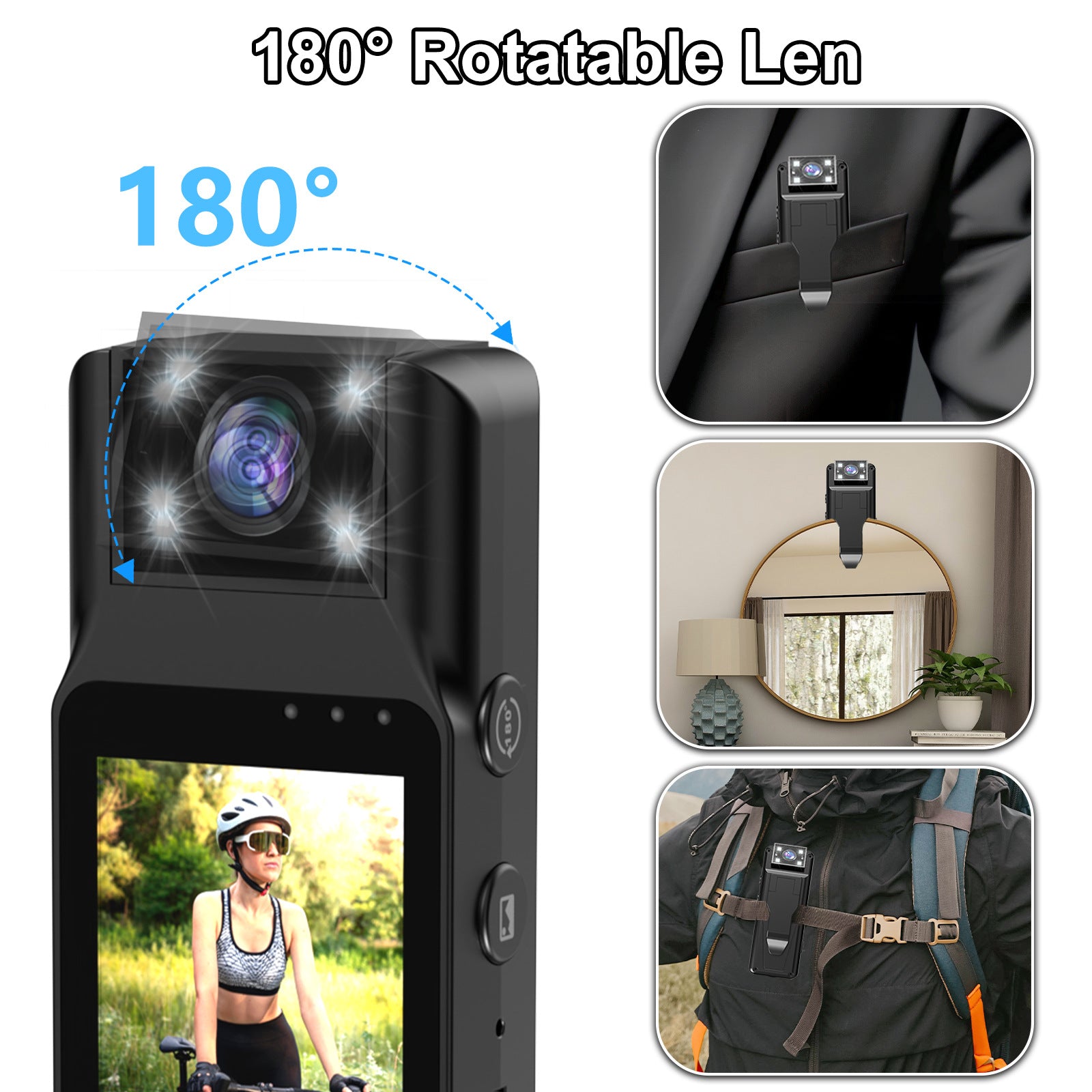 Mini Body Camera with 180 Rotatable Lens, Night Vision & Motion Detection - 1.3 Screen 1200mAh Battery(black)" - Image 3