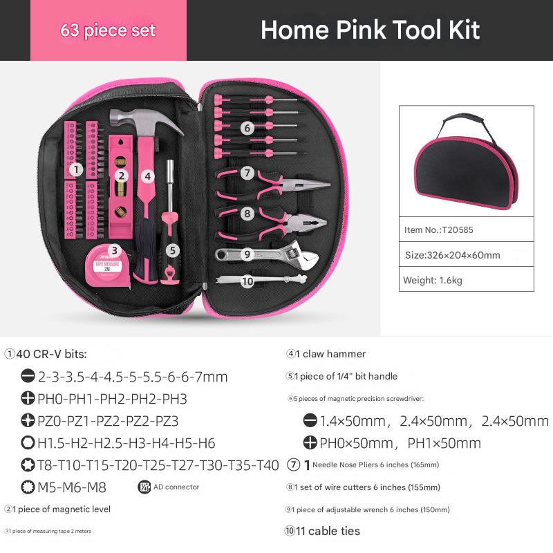 63-Piece Essential Home Repair Tool Kit with Portable Zipper Case(pink) - Image 3