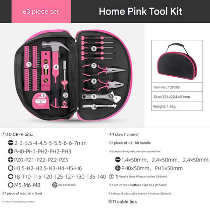 63-Piece Essential Home Repair Tool Kit with Portable Zipper Case(pink) - Image 3