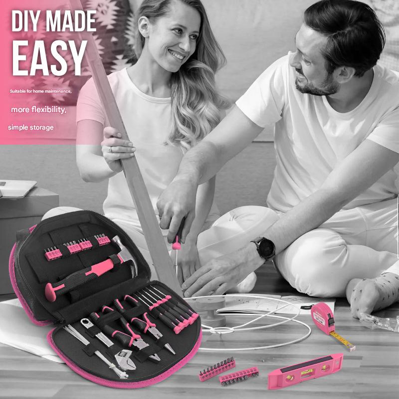 63-Piece Essential Home Repair Tool Kit with Portable Zipper Case(pink) - Image 5