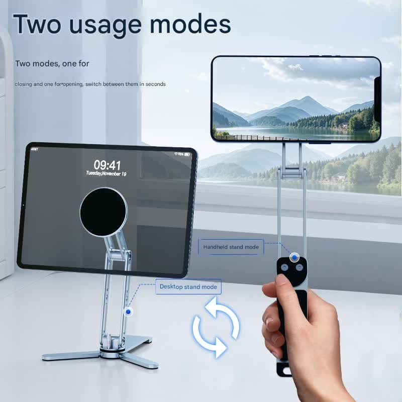 2-in-1 Magnetic Folding Stand for Phones & Tablets - Adjustable Aluminum Desktop & Handheld Holder(silver) - Image 2