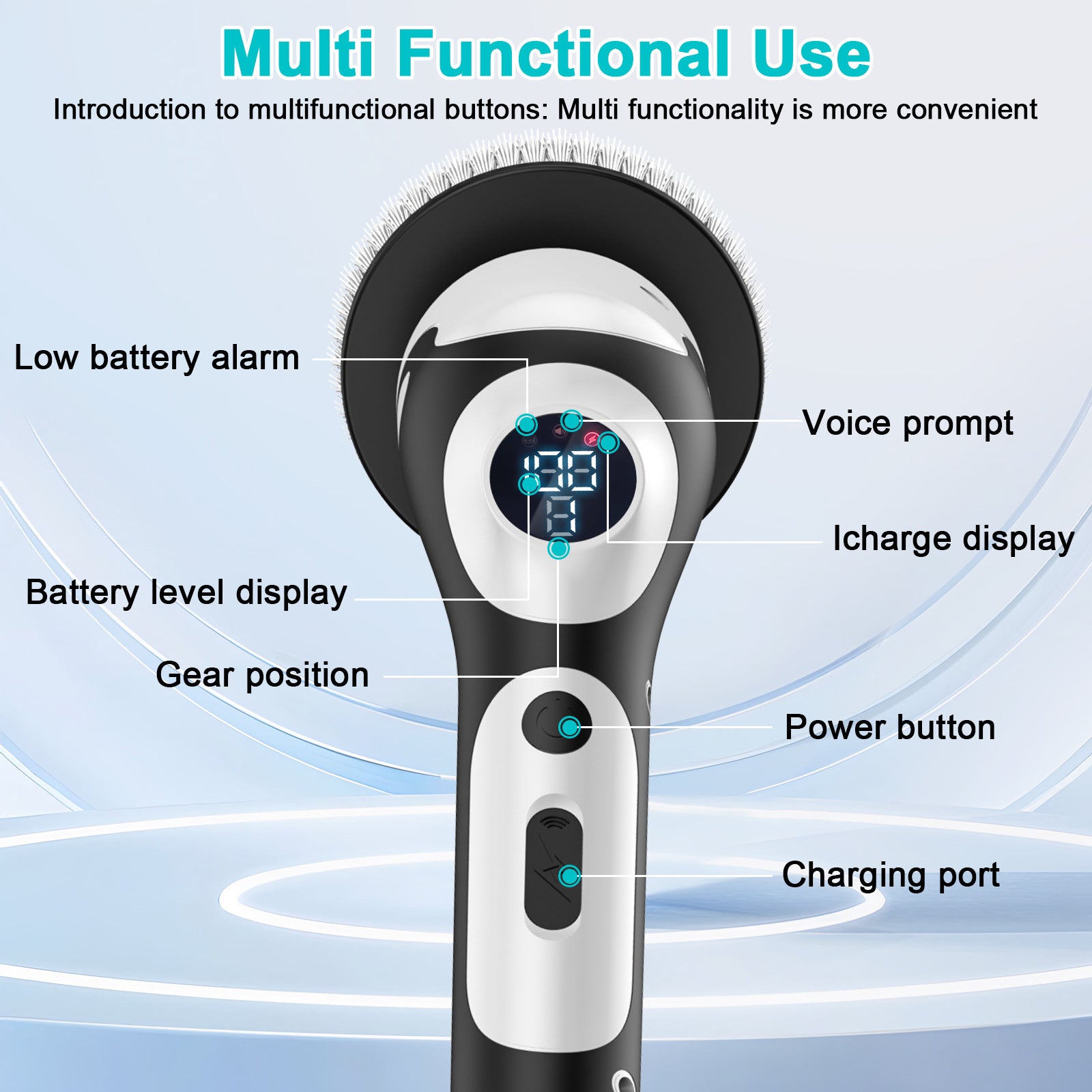 Multi-Functional Electric Spin Scrubber with Voice Broadcast, 9 Heads, Adjustable Extension Handle & LED Display(Black and White) - Image 2