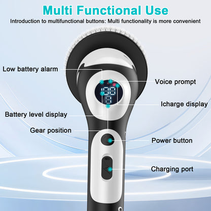 Multi-Functional Electric Spin Scrubber with Voice Broadcast, 9 Heads, Adjustable Extension Handle & LED Display(Black and White) - Image 2