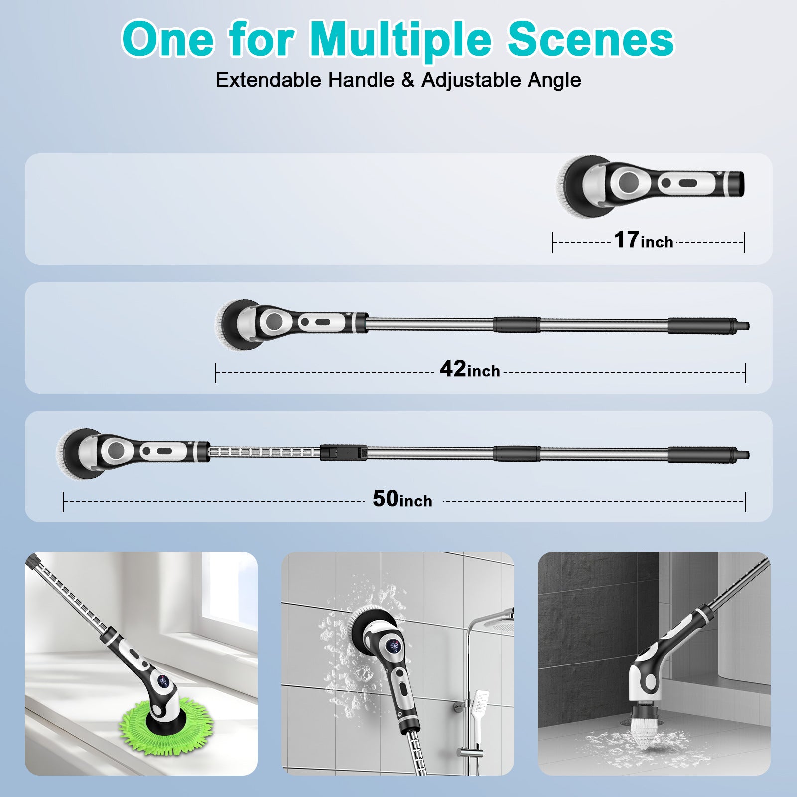 Multi-Functional Electric Spin Scrubber with Voice Broadcast, 9 Heads, Adjustable Extension Handle & LED Display(Black and White) - Image 3