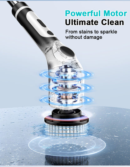 Multi-Functional Electric Spin Scrubber with Voice Broadcast, 9 Heads, Adjustable Extension Handle & LED Display(Black and White) - Image 6