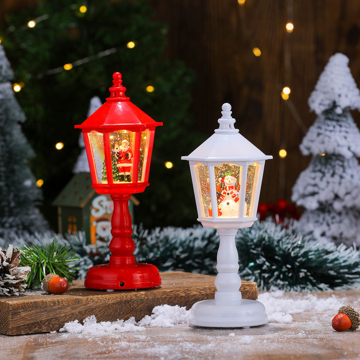 Festive LED Christmas Snow Globe Lantern - Glittering Tabletop Decoration with Santa/Snowman Scene, Dual Power(red) - Image 4