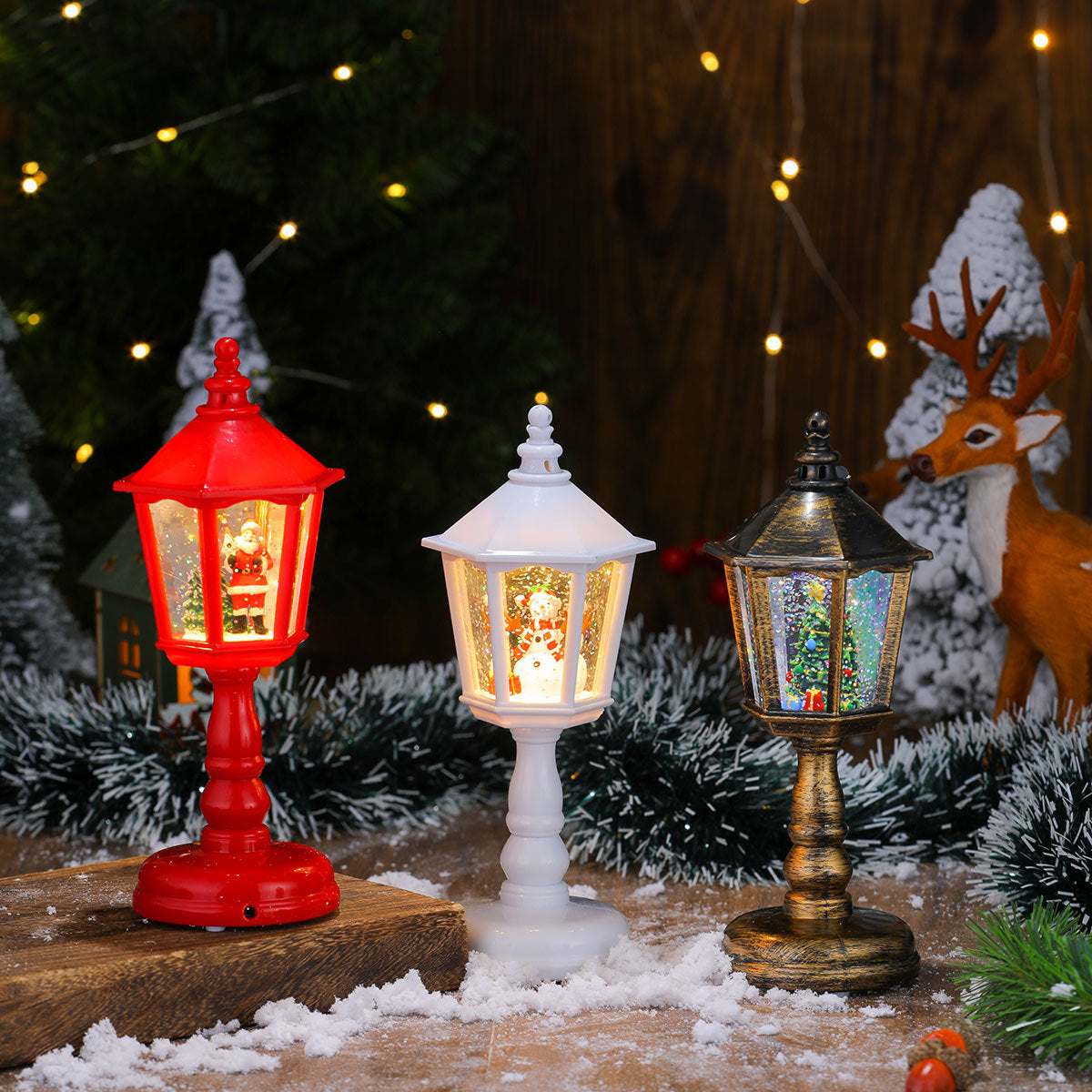 Festive LED Christmas Snow Globe Lantern - Glittering Tabletop Decoration with Santa/Snowman Scene, Dual Power(Bronze) - Image 2