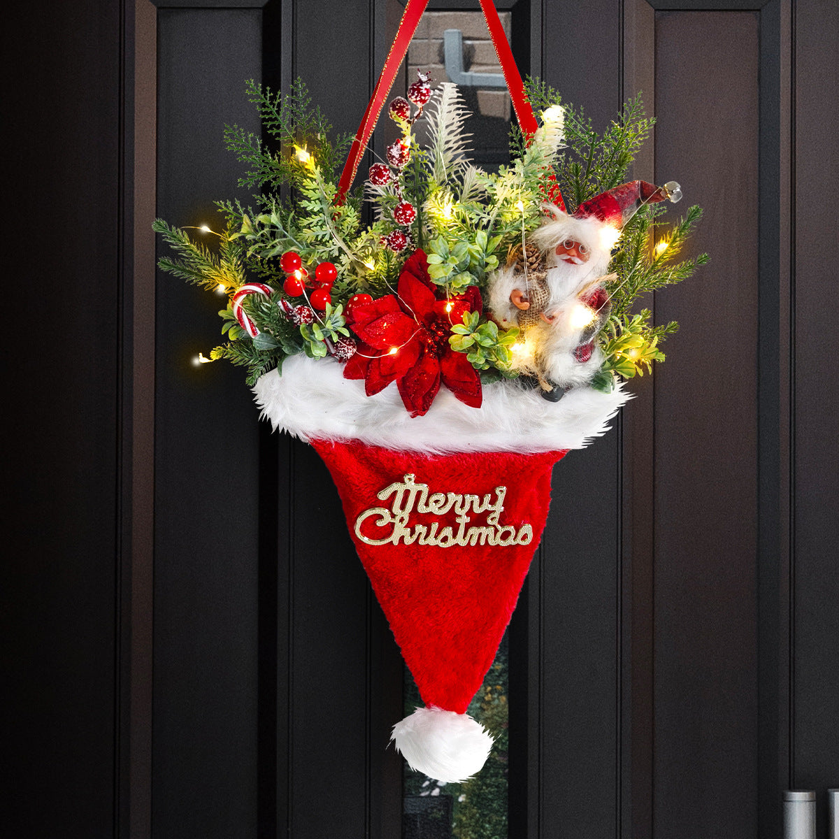 Illuminated Santa Hat Door Hanger with Holiday Greenery & Berries - Christmas Wall Decor(red) - Image 2