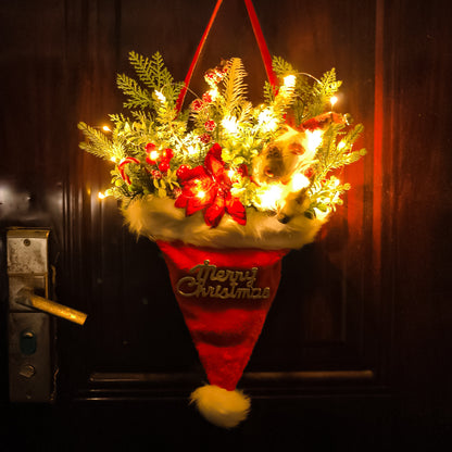 Illuminated Santa Hat Door Hanger with Holiday Greenery & Berries - Christmas Wall Decor(red) - Image 3