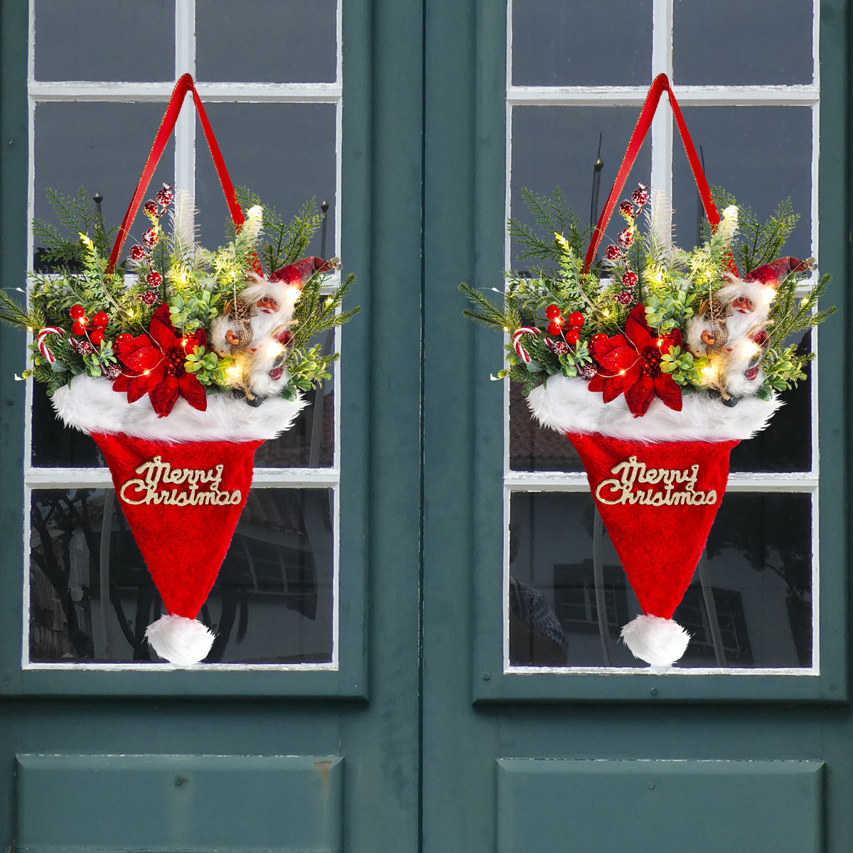 Illuminated Santa Hat Door Hanger with Holiday Greenery & Berries - Christmas Wall Decor(red) - Image 4