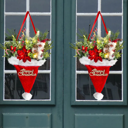 Illuminated Santa Hat Door Hanger with Holiday Greenery & Berries - Christmas Wall Decor(red) - Image 4