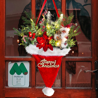 Illuminated Santa Hat Door Hanger with Holiday Greenery & Berries - Christmas Wall Decor(red) - Image 5