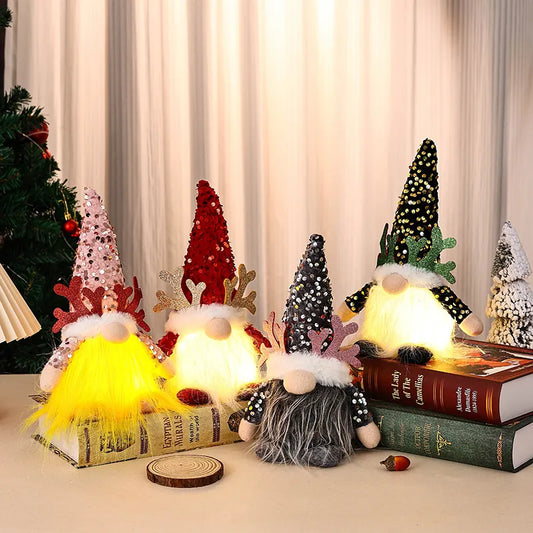 Light-Up Christmas Gnome Plush Doll with Sequin Hat & Antlers - Festive LED Tabletop Decoration(red) - Image 2