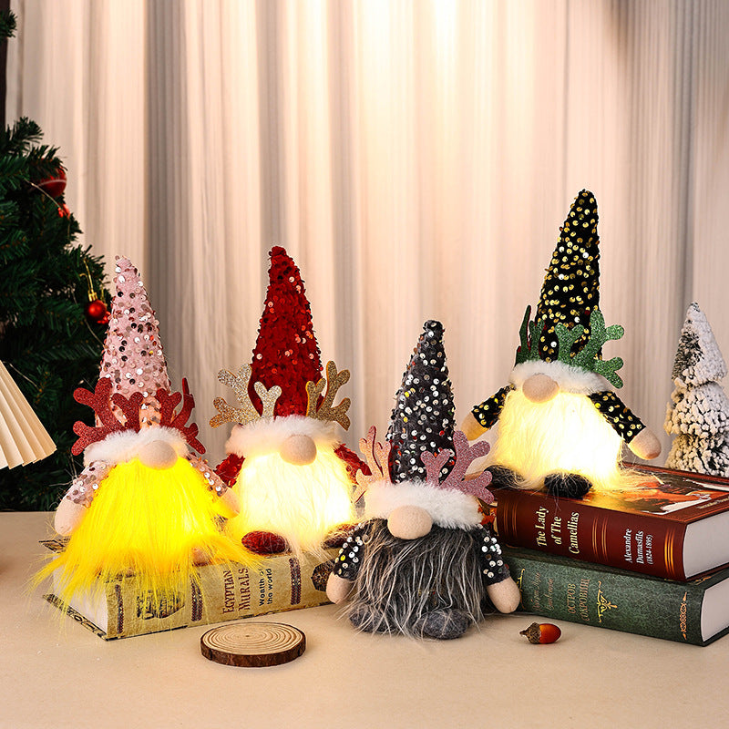Light-Up Christmas Gnome Plush Doll with Sequin Hat & Antlers - Festive LED Tabletop Decoration(pink) - Image 2