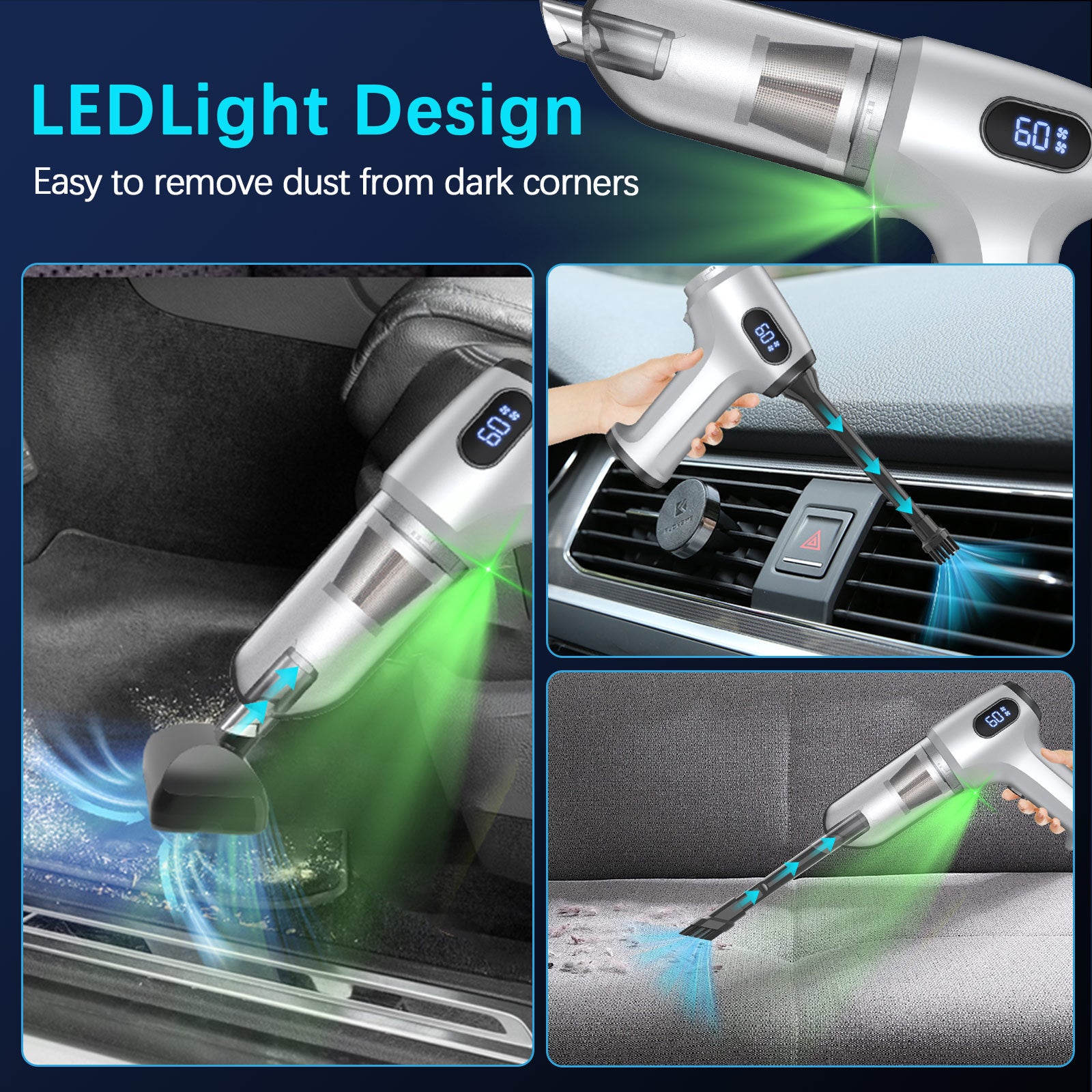 2-in-1 Cordless Handheld Vacuum & Air Duster - 12000Pa Suction, 70000 RPM, LED Light, USB-C Rechargeable(Silver) - Image 7