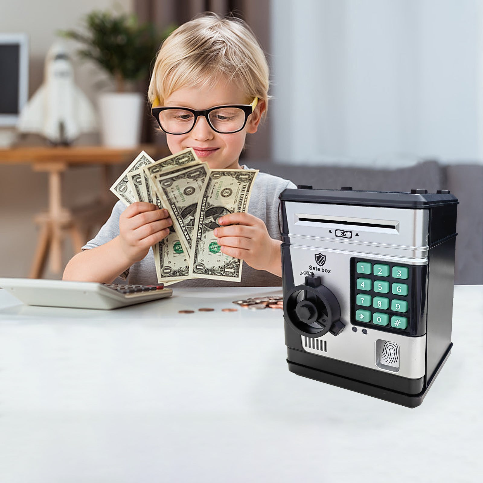 Electronic Piggy Bank Safe Box for Kids - Automatic Bill & Coin Bank with Password Protection, Music & Lights(black) - Image 3
