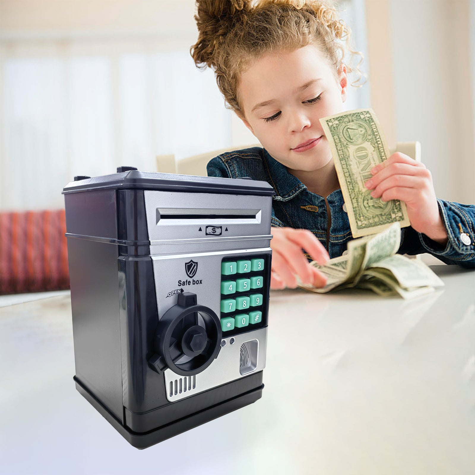 Electronic Piggy Bank Safe Box for Kids - Automatic Bill & Coin Bank with Password Protection, Music & Lights(black) - Image 4