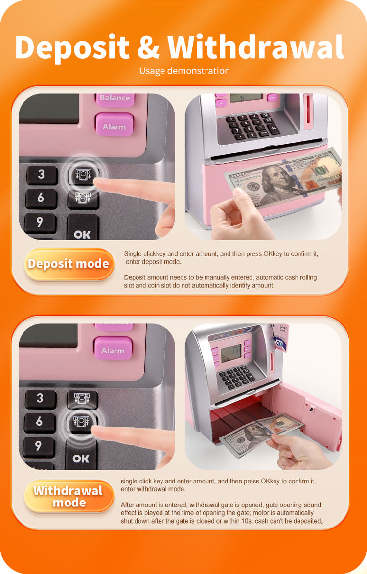Kids Electronic ATM Savings Bank - Digital Piggy Bank with Password, Auto Roll-in Banknotes & Coin Slot for Financial Learning Fun(black) - Image 8