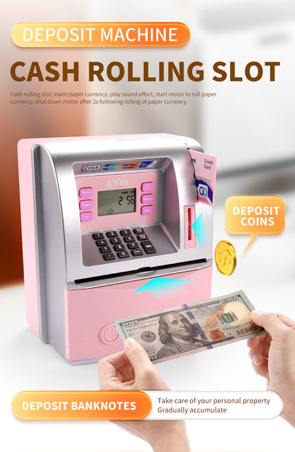 Kids Electronic ATM Savings Bank - Digital Piggy Bank with Password, Auto Roll-in Banknotes & Coin Slot for Financial Learning Fun(pink) - Image 7