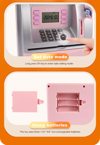 Kids Electronic ATM Savings Bank - Digital Piggy Bank with Password, Auto Roll-in Banknotes & Coin Slot for Financial Learning Fun(pink) - Image 9