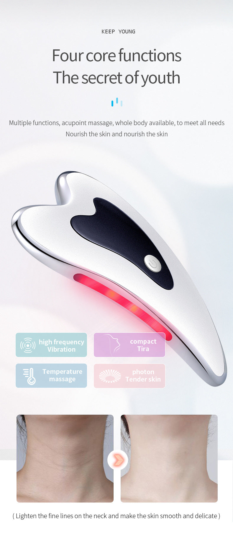 Electric Gua Sha Facial Massager with Heat, Vibration & LED Light Therapy - 4-in-1 Scraping Tool for Face Lifting, Skin Tightening & Anti-Wrinkle(White) - Image 4
