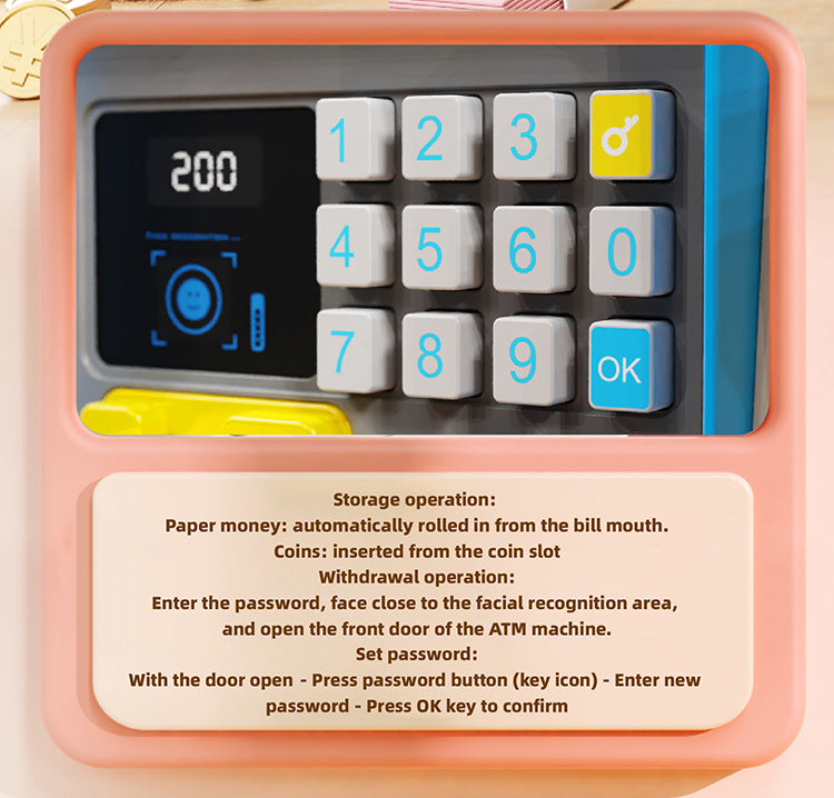 Kids Electronic ATM Piggy Bank with Simulated Facial Recognition & Password - Auto Roll-in Banknote & Coin Money Box for Financial Learning(blue) - Image 8