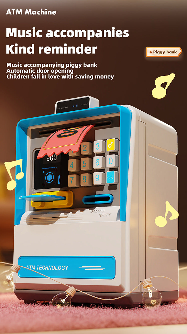 Kids Electronic ATM Piggy Bank with Simulated Facial Recognition & Password - Auto Roll-in Banknote & Coin Money Box for Financial Learning(blue) - Image 9