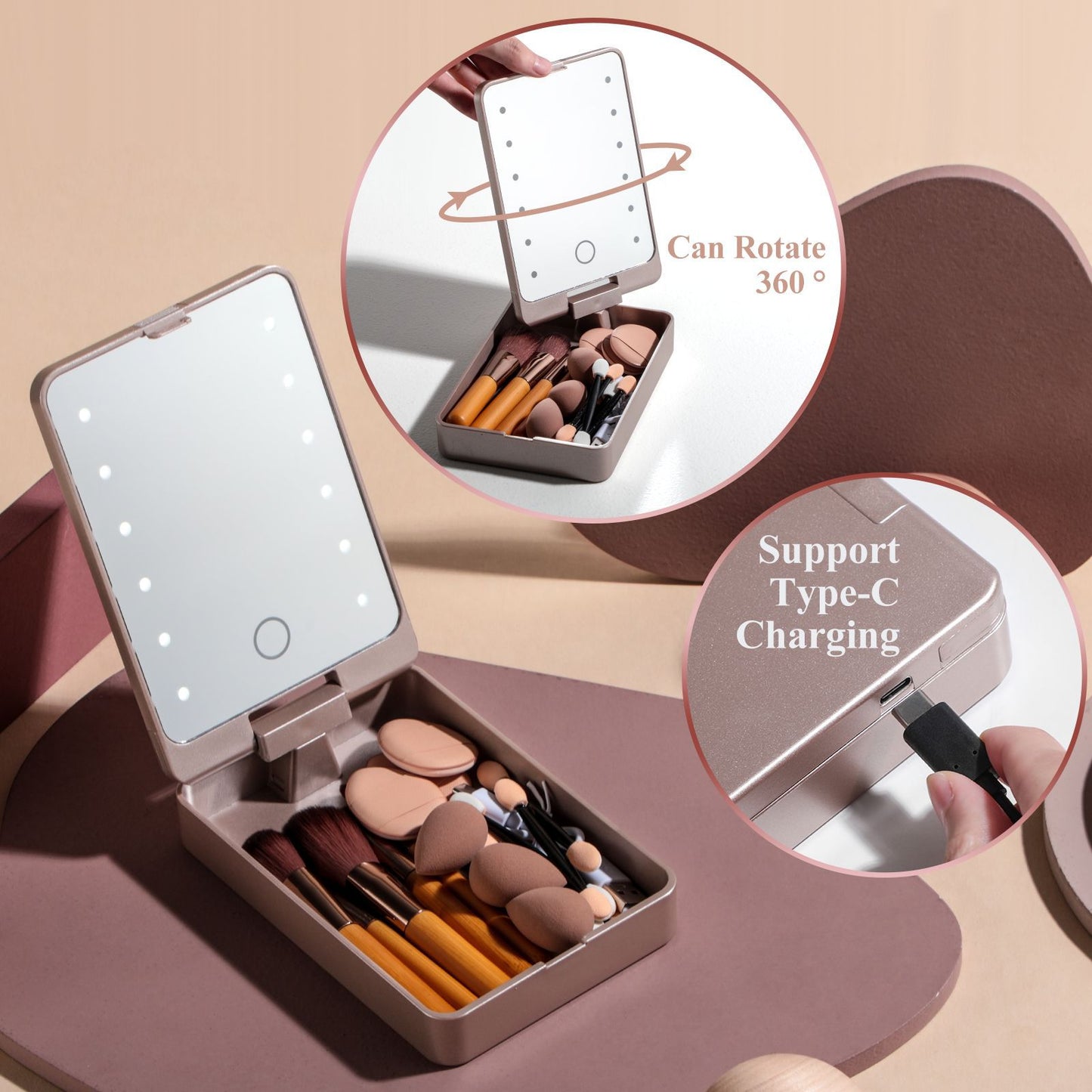 All-in-One Portable Makeup Brush Kit with LED Mirror Travel Case, Sponges & Applicators(pink) - Image 2