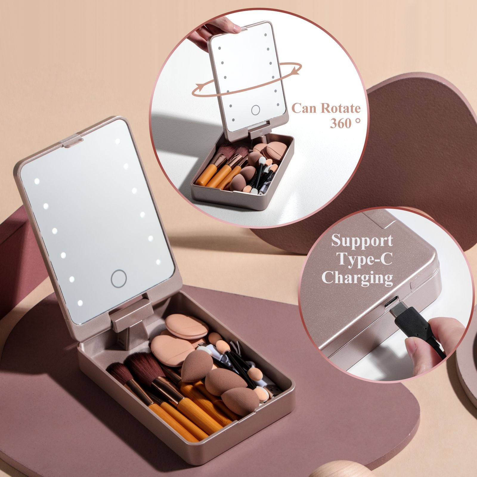 All-in-One Portable Makeup Brush Kit with LED Mirror Travel Case, Sponges & Applicators(pink) - Image 2