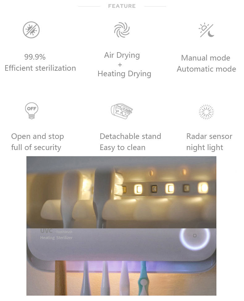 Smart UVC Toothbrush Sterilizer & Holder with Heat Drying, Radar Sensor Night Light(white) - Image 5