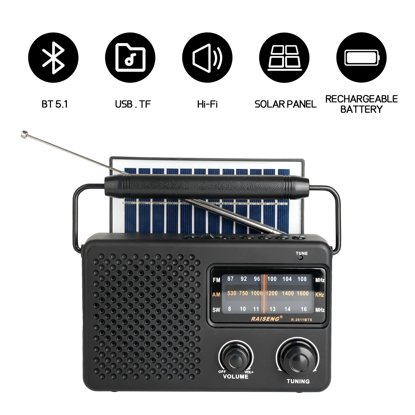 Portable Solar Powered 3-Band AM/FM/SW Radio with Bluetooth Speaker & Multiple Charging Options(black) - Image 3