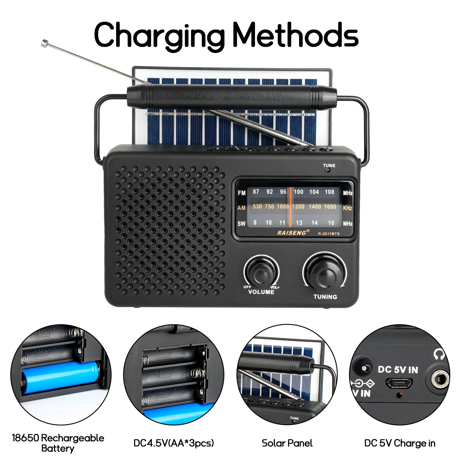 Portable Solar Powered 3-Band AM/FM/SW Radio with Bluetooth Speaker & Multiple Charging Options(black) - Image 7