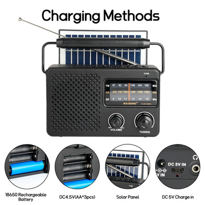 Portable Solar Powered 3-Band AM/FM/SW Radio with Bluetooth Speaker & Multiple Charging Options(black) - Image 7