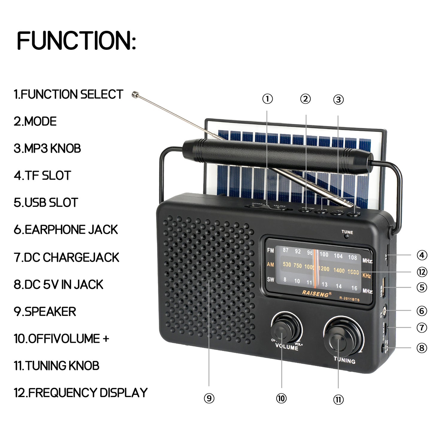 Portable Solar Powered 3-Band AM/FM/SW Radio with Bluetooth Speaker & Multiple Charging Options(black) - Image 8