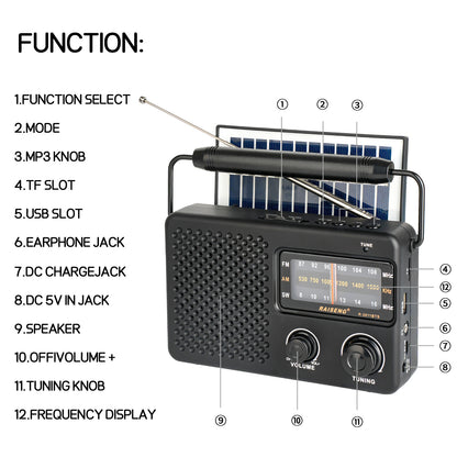 Portable Solar Powered 3-Band AM/FM/SW Radio with Bluetooth Speaker & Multiple Charging Options(black) - Image 8