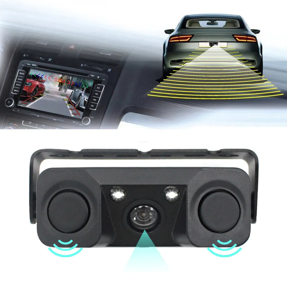 3-in-1 Car Reversing Camera & Parking Sensor System with Monitor - License Plate Frame Mount, Waterproof & Night Vision(black)