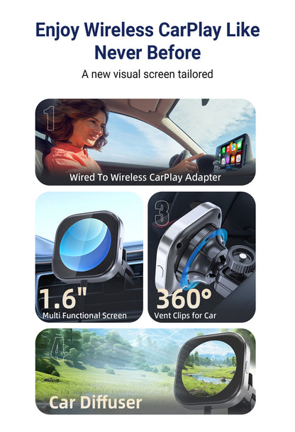 Wireless CarPlay Adapter with 1.6" Multi-Functional Screen, Car Diffuser & 360 Vent Clip(silver) - Image 9