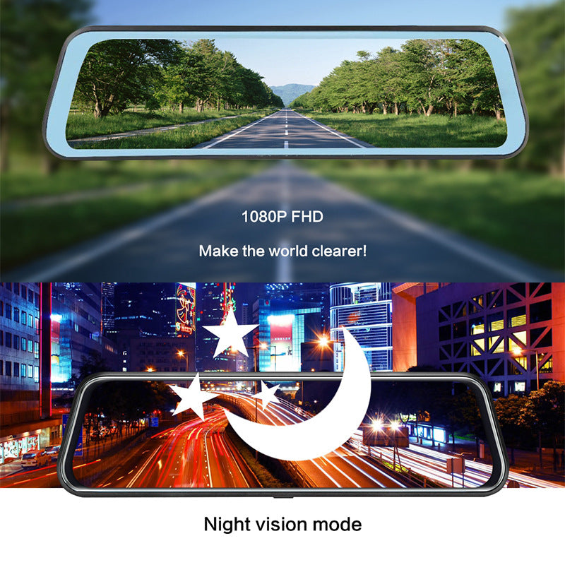 10-Inch Dual Lens Dash Cam Mirror - 1080P FHD Touch Screen Car DVR with Rear Camera, Night Vision & G-Sensor(black) - Image 2