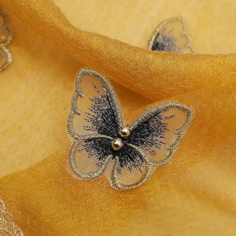 Elegant Butterfly Embroidered Scarf Shawl - Large Soft Silk Blend Wrap for Women(Yellow) - Image 6