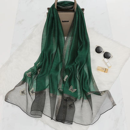 Elegant Butterfly Embroidered Scarf Shawl - Large Soft Silk Blend Wrap for Women(Green)