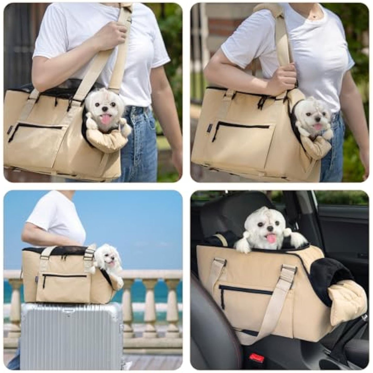 Versatile Pet Carrier Tote Bag for Small Dogs & Cats - Waterproof, Car Seat Function & Adjustable Safety Exit(Khaki) - Image 5