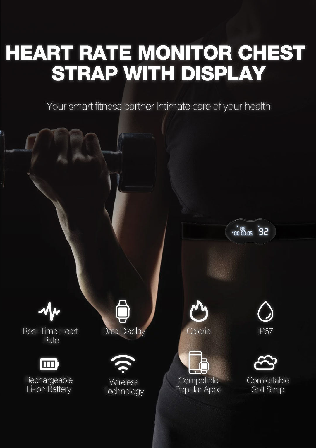 Smart Fitness Heart Rate Monitor Chest Strap with Data Display - IP67 Waterproof, Rechargeable, BLE & ANT+(black) - Image 3