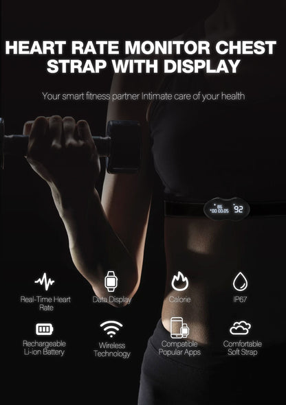 Smart Fitness Heart Rate Monitor Chest Strap with Data Display - IP67 Waterproof, Rechargeable, BLE & ANT+(black) - Image 3