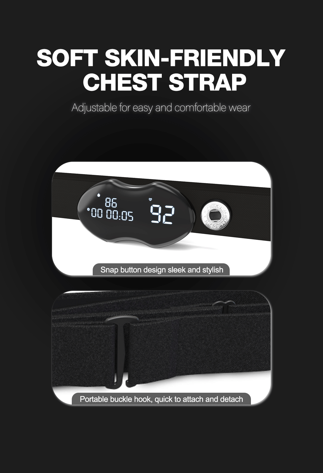 Smart Fitness Heart Rate Monitor Chest Strap with Data Display - IP67 Waterproof, Rechargeable, BLE & ANT+(black) - Image 5