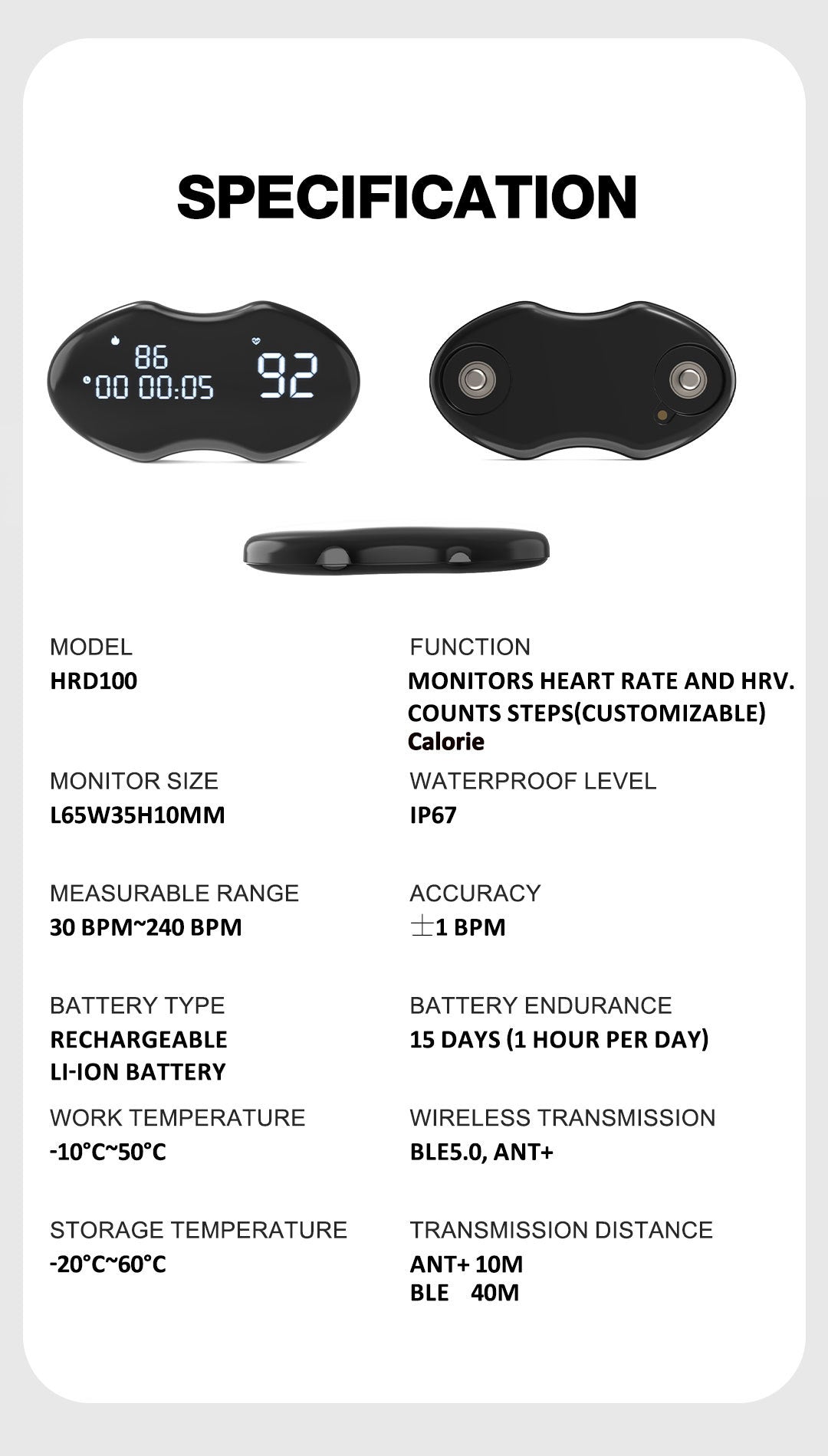 Smart Fitness Heart Rate Monitor Chest Strap with Data Display - IP67 Waterproof, Rechargeable, BLE & ANT+(black) - Image 8