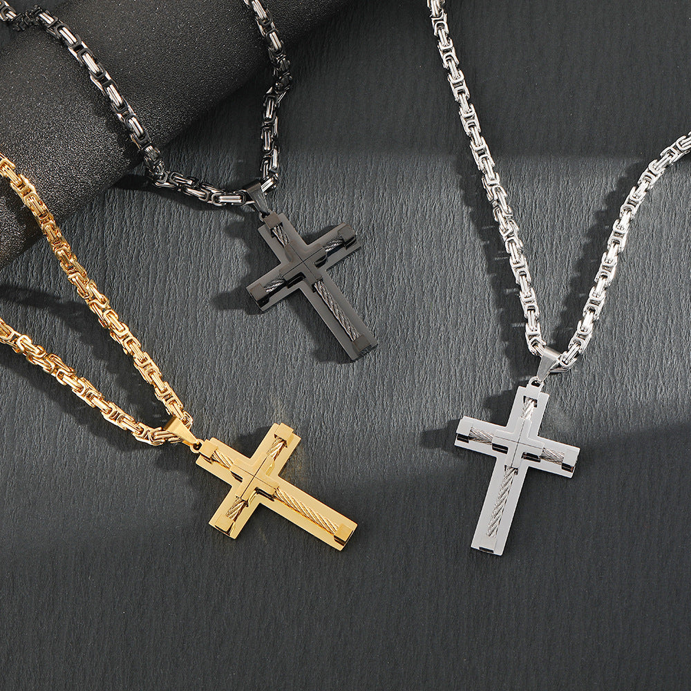 Men's Stainless Steel Layered Cross Pendant with Byzantine Chain - Fashion Statement Necklace(silver) - Image 2
