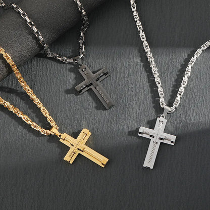 Men's Stainless Steel Layered Cross Pendant with Byzantine Chain - Fashion Statement Necklace(silver) - Image 2